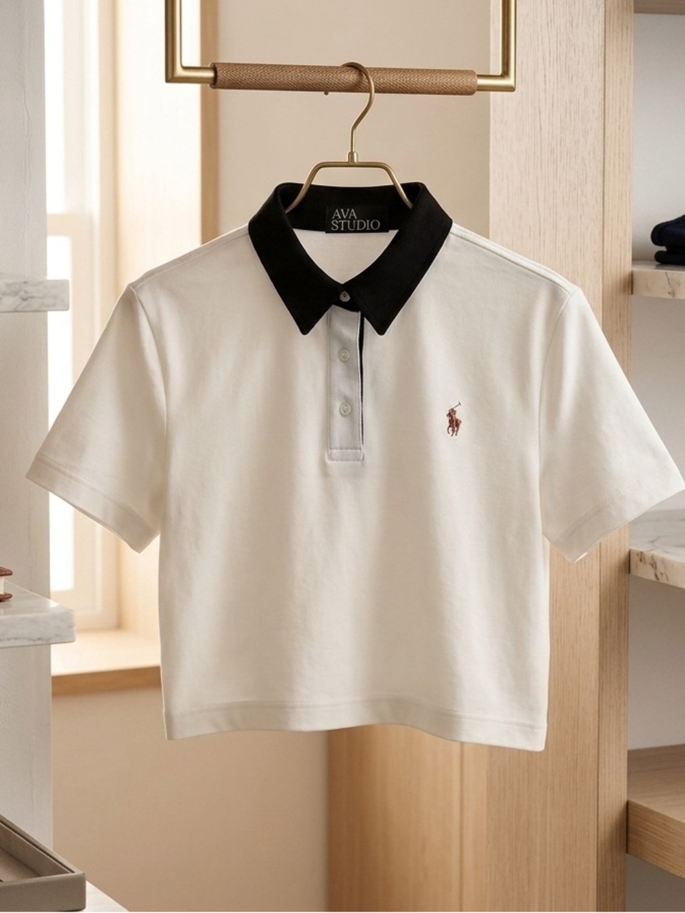 Aa Studio White Crop Polo with Black Contrast Collar